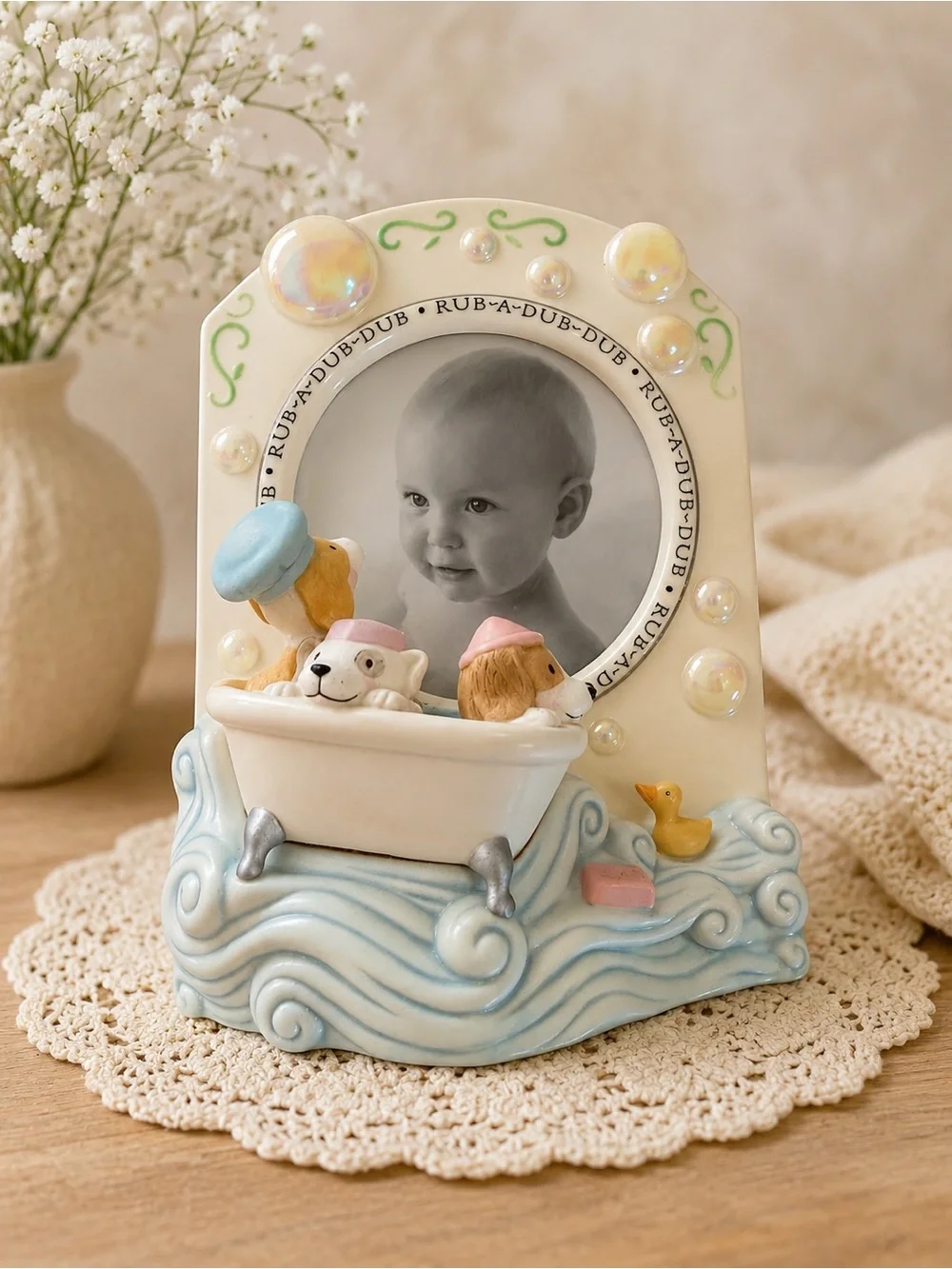 Hallmark Cream and Light Blue Baby Bathtub Frame with Pastel Accents